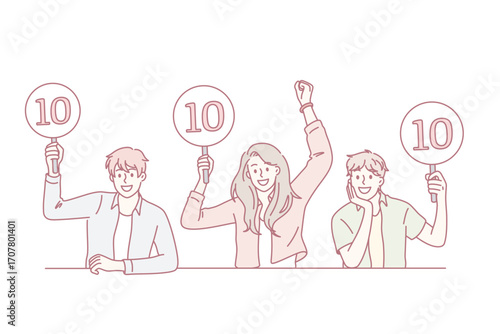 Working as jury of contest concept. Group of young smiling people sitting and showing signs with ten points scores greeting participant vector illustration