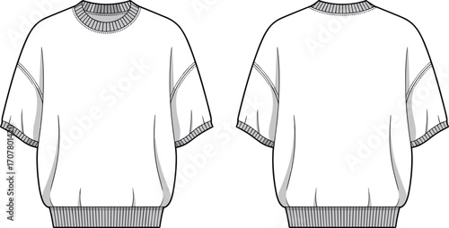 Short sleeve lace-up hoodie flat sketch, front and back view, unisex casual wear, fashion technical drawing, vector garment template, clothing design mockup