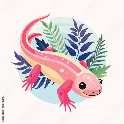 Pink Salamander With Tropical Foliage On Blue Circle