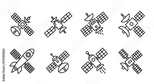 A collection of eight line art illustrations depicting various satellite and spacecraft designs, showcasing different antenna and solar panel configurations.