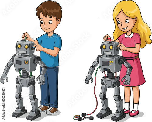 Children building robots in STEM activity, boy and girl assembling mechanical bots with wires and tools in educational technology illustration