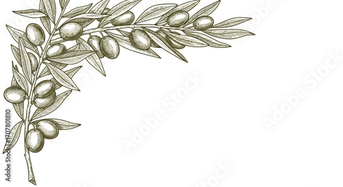 Detailed illustration of an olive branch with ripe olives and leaves, positioned in the upper left corner.