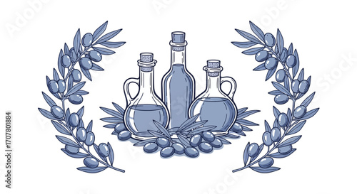 Three glass bottles of olive oil with olives and olive branches arranged in a decorative wreath.