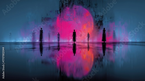 Silhouettes humaines contemplant une installation lumineuse rose et bleue