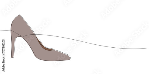 One line drawing of a high heel shoe with stiletto heel. Minimalist footwear illustration. Fashion, style and accessory concept for design, textile and education