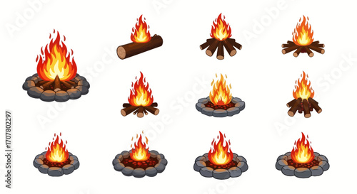 A collection of campfire illustrations, depicting various arrangements of logs and flames, isolated on a white background.