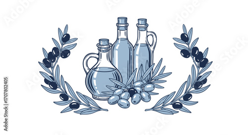 Olive oil bottles surrounded by olive branches and olives, depicting a natural and healthy product.