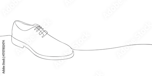 One line drawing of a formal dress shoe with laces. Minimalist footwear illustration. Fashion, office wear and accessory concept for design, textile and education