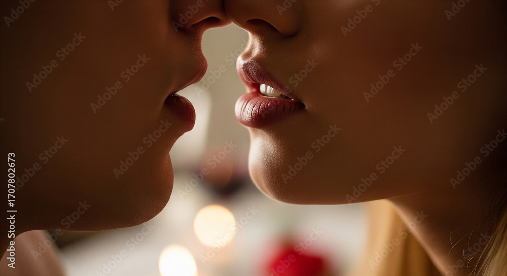 Obraz premium Close up silhouette of face of sensual portrait of sexy couple hugging during date. Young couple in love. Gorgeous couple spending time together. Sensual couple in tender passion