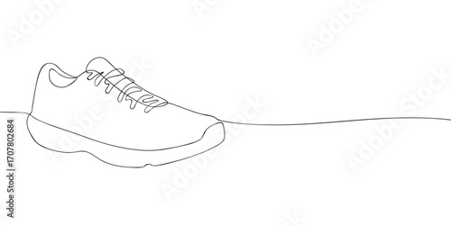 Continuous line drawing of a sneaker with laces. Minimal vector illustration of casual sport footwear for fashion, clothing, accessory, and shoe design template