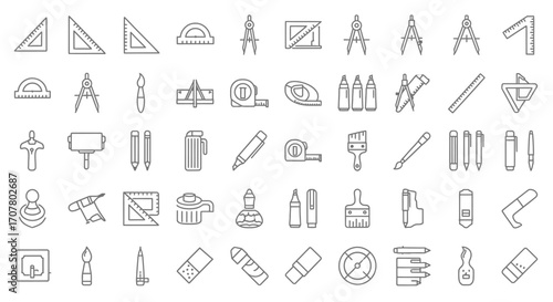 A collection of outlined drafting and drawing tools including rulers, compasses, protractors, pencils, erasers, and brushes, arranged in a grid pattern.