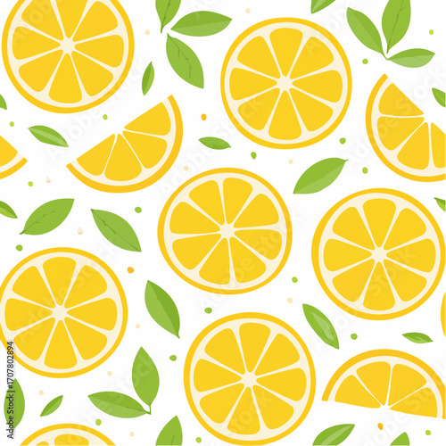Lemon Slices and Green Leaves Pattern on White Background