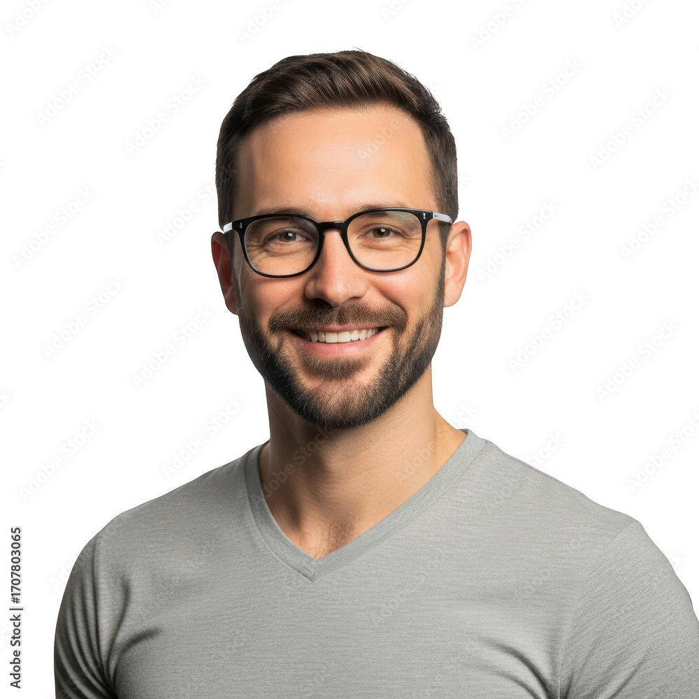 Fototapeta premium Smiling man with glasses and beard in a gray t-shirt portrait transparent background