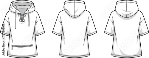 Short sleeve hoodie front and back view, fashion flat sketch, lace-up neck design, casual wear template, vector technical drawing, unisex apparel mockup