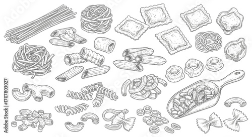 An assortment of various pasta shapes and types, including spaghetti, ravioli, penne, farfalle, and others, displayed in a detailed line drawing.