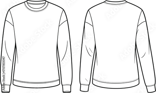 Unisex sweatshirt vector template front and back view, blank crewneck pullover design, fashion mockup for apparel branding and printing