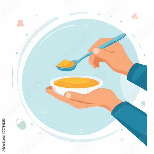 Hands Holding Bowl And Spoon With Baby Food