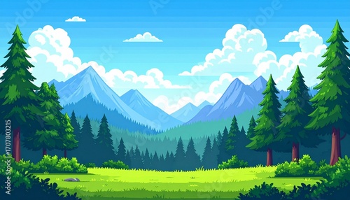 A vibrant pixel art landscape capturing a serene mountain valley, reminiscent of a classic 8-bit video game background with a forest and meadow