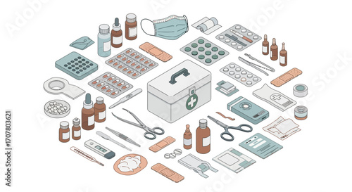Isometric illustration of a first aid kit surrounded by various medical supplies, including bandages, pills, antiseptic, and tools.