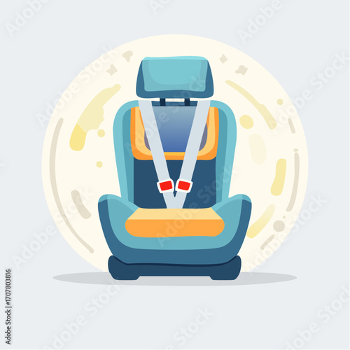 Empty Teal And Orange Child Car Seat With White Safety Harness