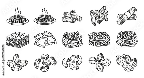 A collection of hand-drawn pasta varieties and related food items, including lasagna, ravioli, and various pasta shapes, presented in a monochrome illustration.