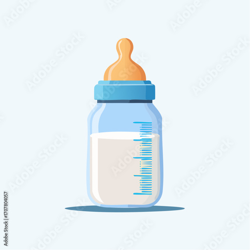Baby Bottle With Milk On Light Blue Background