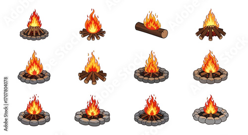 Twelve pixelated illustrations of campfires with burning logs and stone rings, isolated on a white background.