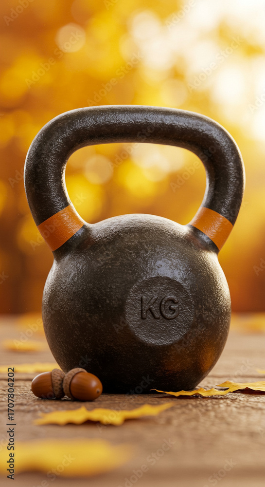 Fototapeta premium Kettlebell with autumn acorns on wooden table, fitness and nature balance