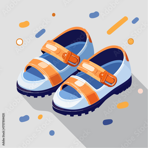 Pair of Blue and Orange Children's Sandals With Buckles on Gray Background