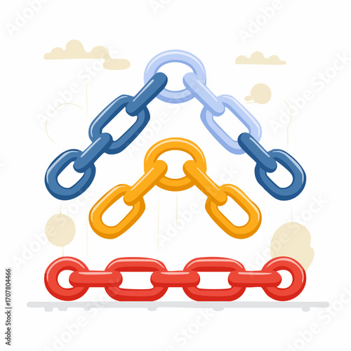 Interconnected Chains in Blue Orange and Red Against a White Background