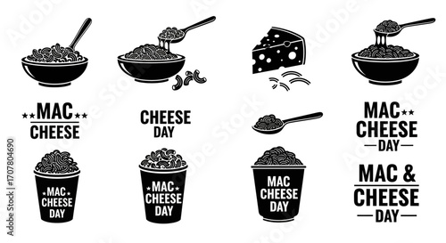 A collection of black and white illustrations featuring macaroni and cheese, including bowls, cups, cheese wedges, and spoons.