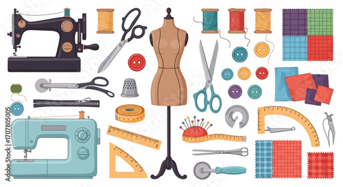 An overhead view of sewing equipment and materials, including sewing machines, fabric swatches, scissors, thread spools, buttons, a dress form, and measuring tools.