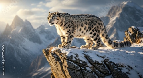 Snow leopard on a snowy cliff, looking out over a vast mountain range under a bright sky