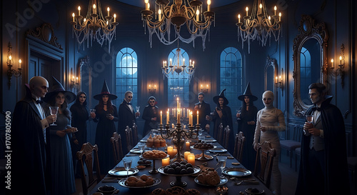 Halloween Dinner Party with Witches and Vampires in a Gothic Mansion