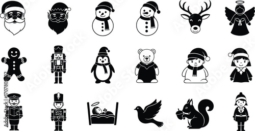Festive holiday icons: Santa, elf, snowman, reindeer, angel, gingerbread, nutcracker, penguin, bear, children