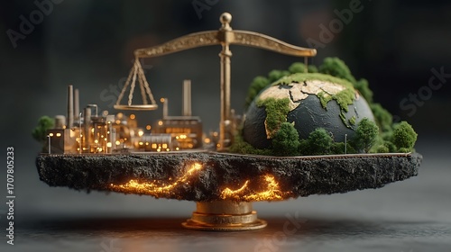 Balance scale glowing the Earth on one side and futuristic green technology on the other concept of sustainable equilibrium between nature and innovation for a cleaner renewable energy future