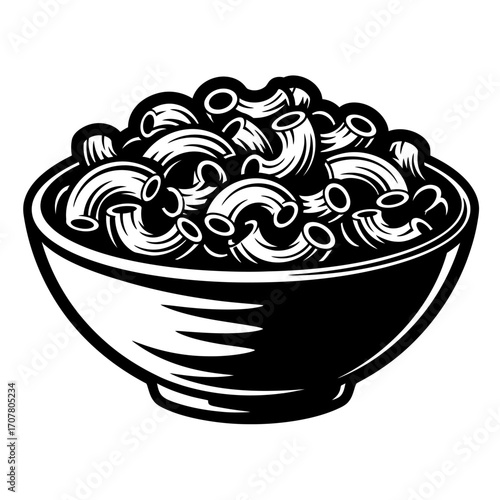 Black and white illustration of a bowl filled with elbow macaroni pasta.
