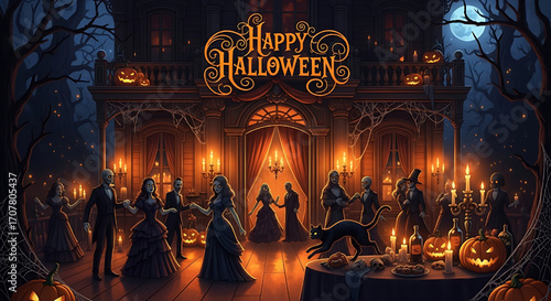 Halloween Party in a Grand Ballroom with Costumed Guests and Spooky Decorations