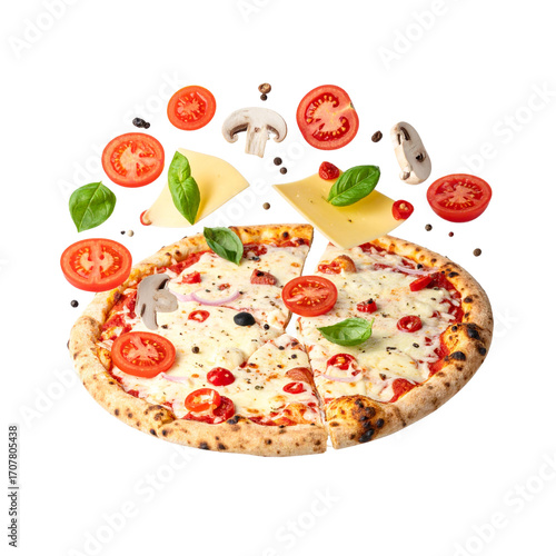 Gourmet pizza deconstructed floating layers overhead view delicious food ingredients separated showcased 