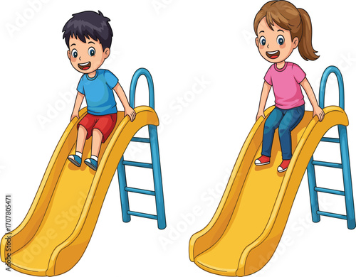 Children sliding on colorful playground equipment enjoying outdoor fun, happy kids playing together on yellow slides with blue ladders in park