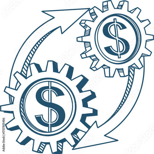 Two gears with dollar signs and arrows showing financial exchange 