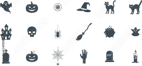 Spooky Halloween icons create a hauntingly fun atmosphere for decorations, invitations, and crafts
