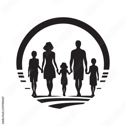 family beach walking vector silhouette clip art logo design illustration
