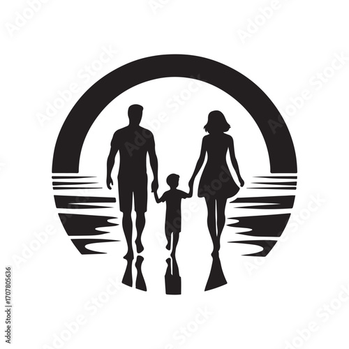 family beach walking vector silhouette clip art logo design illustration