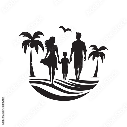family beach walking vector silhouette clip art logo design illustration