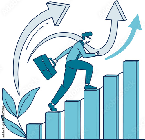 Businessman climbing bar graph with upward arrows and leaves growth success