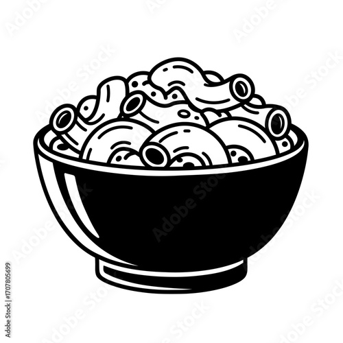 A black and white illustration of a bowl filled with macaroni and cheese, showcasing a simple, stylized design.
