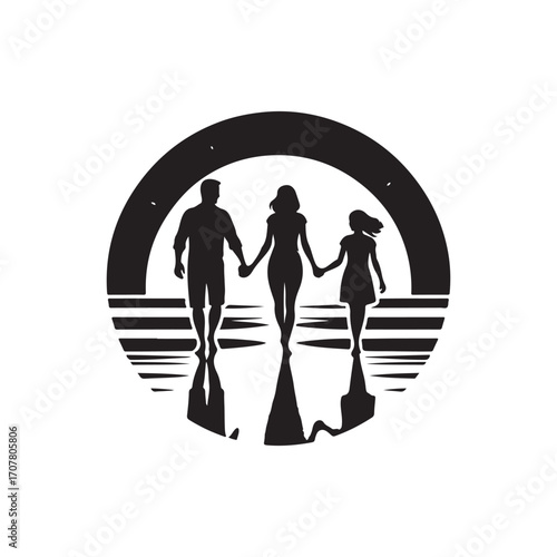 family beach walking vector silhouette clip art logo design illustration