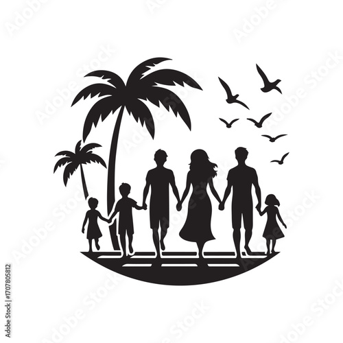 family beach walking vector silhouette clip art logo design illustration