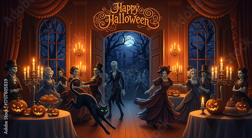 Halloween Party Scene with Spooky Characters, Pumpkins, and Festive Decor